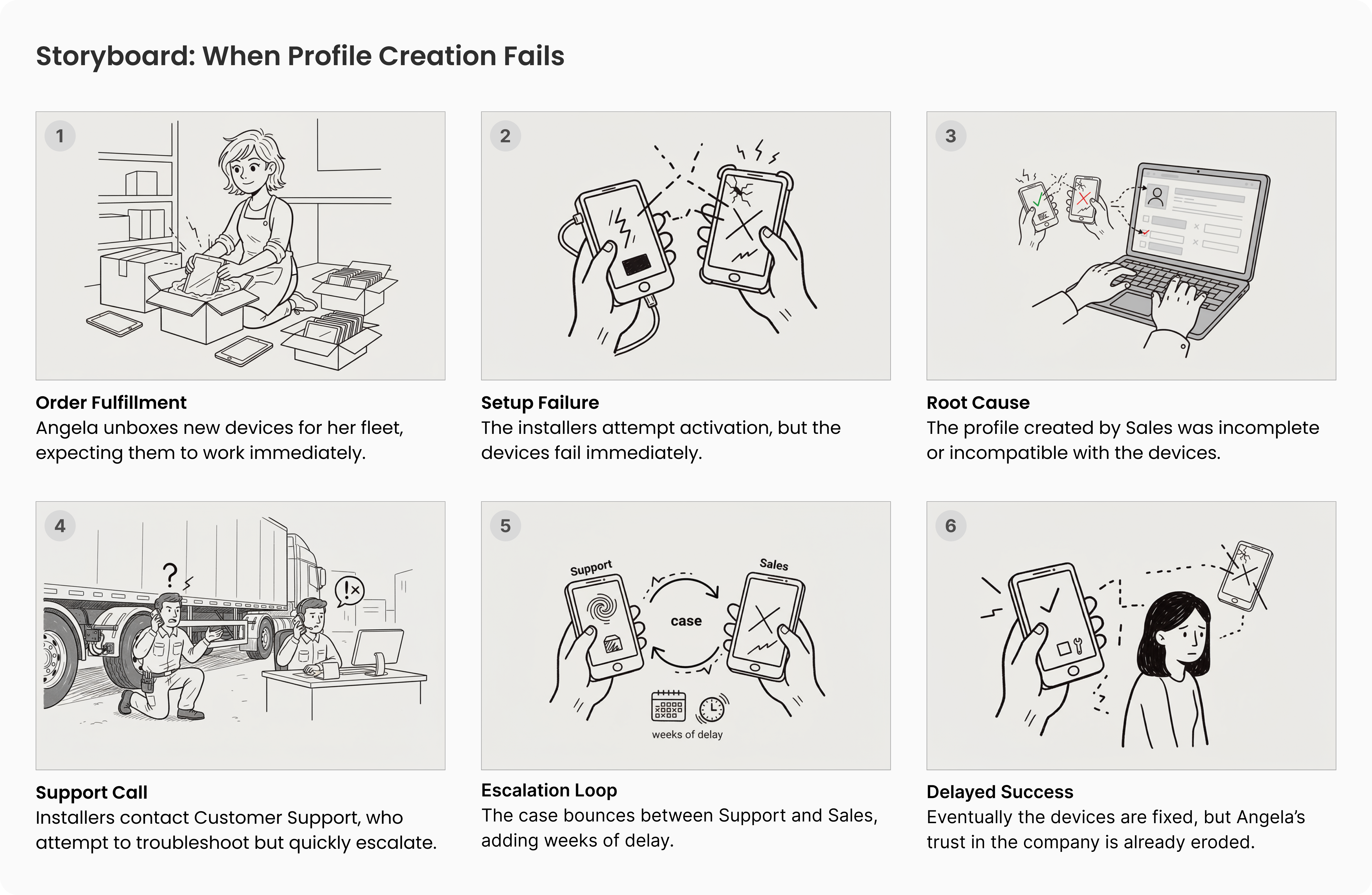 This storyboard illustrates how profile errors played out for a typical customer, Angela Torres. Despite doing everything right, her devices arrived misconfigured due to upstream errors, leading to failed activation, multiple escalations, and weeks of delay.